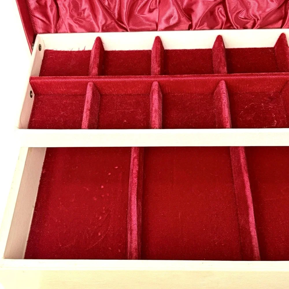 Vintage Jewelry Box Ivory Gold 3 Tier w/ Drawer Red Velvet Satin Lining 12x8